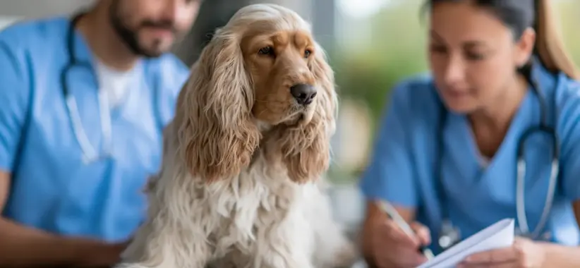 Deux vétérinaires et un cocker en consultation